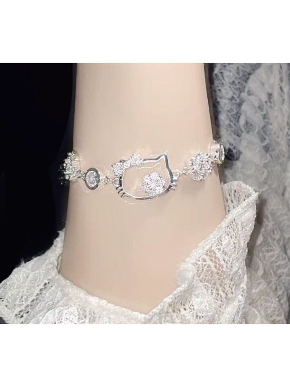 Hello Kitty Sanrio Silver Rhinestone Charm Bracelet – Adjustable Chain for Kids - Picture 5 of 6